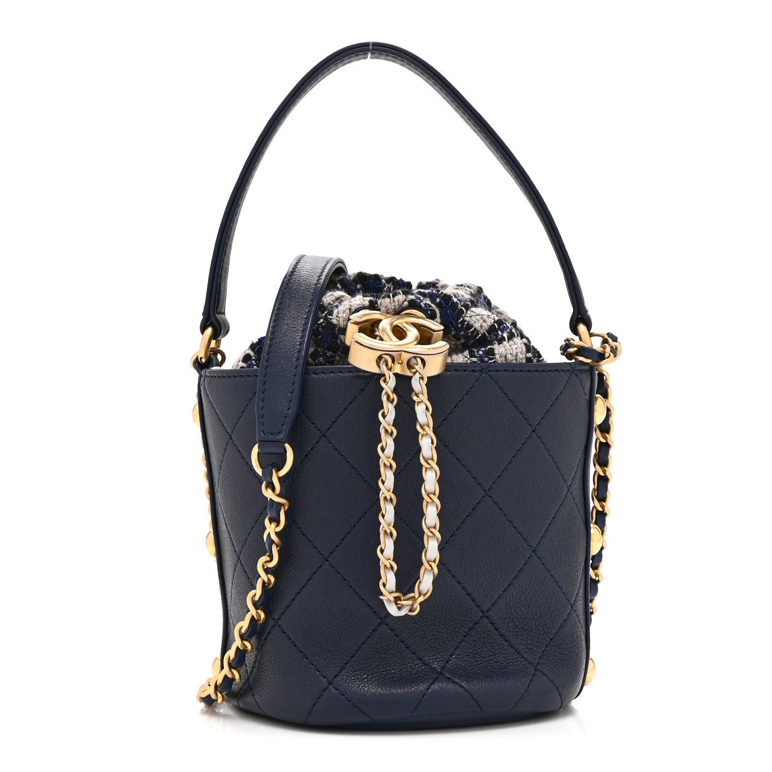 Chanel Calfskin Tweed Small CC Chain Bucket Drawstring Bag Navy Multicolor