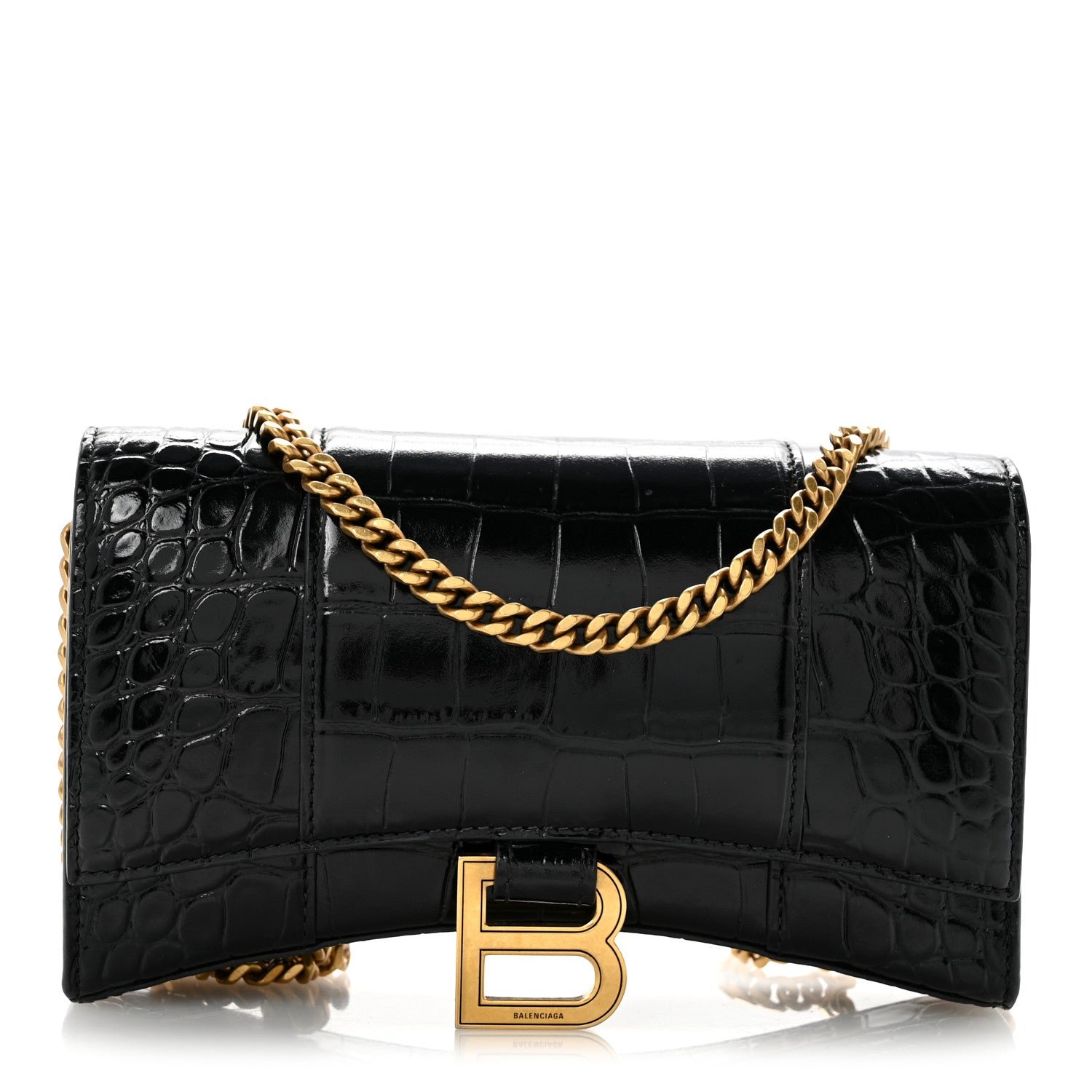 Balenciaga Shiny Calfskin Crocodile Embossed Hourglass Chain Bag Black