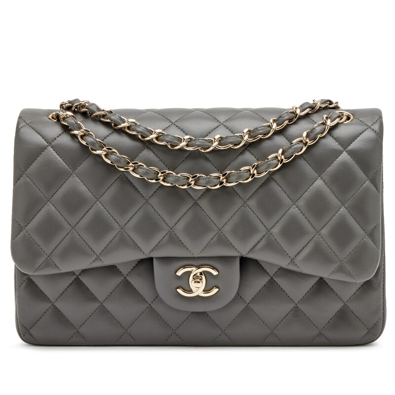 Gris Grey Quilted Lambskin Jumbo Classic Double Flap Bag Light Gold Hardware, 2020
