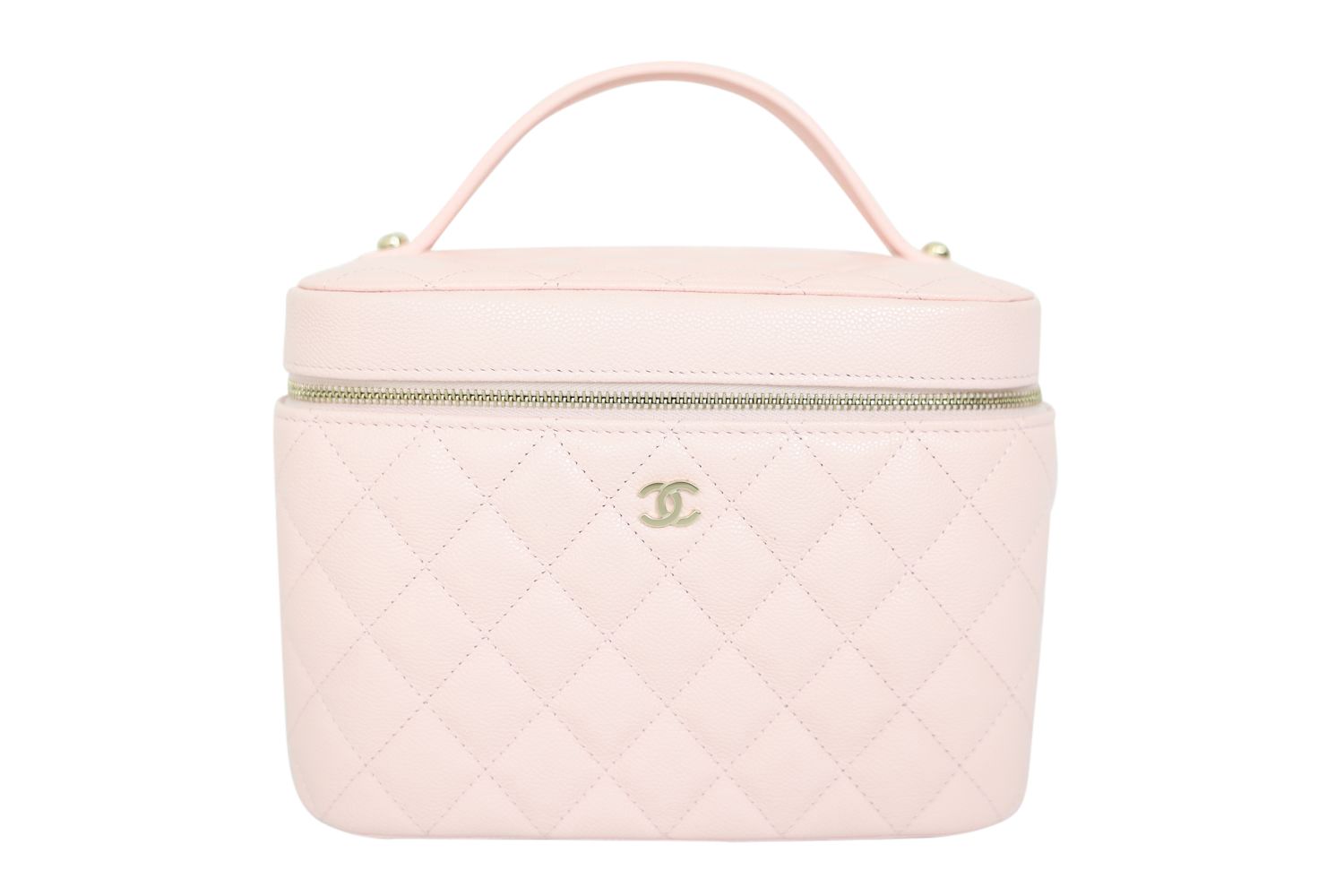 Chanel Caviar Quilted Large, Vanity Pouch Cosmetic Case with Top Handle, 25S Light Pink Caviar Leather Gold Hardware, Like New in Box CMA001