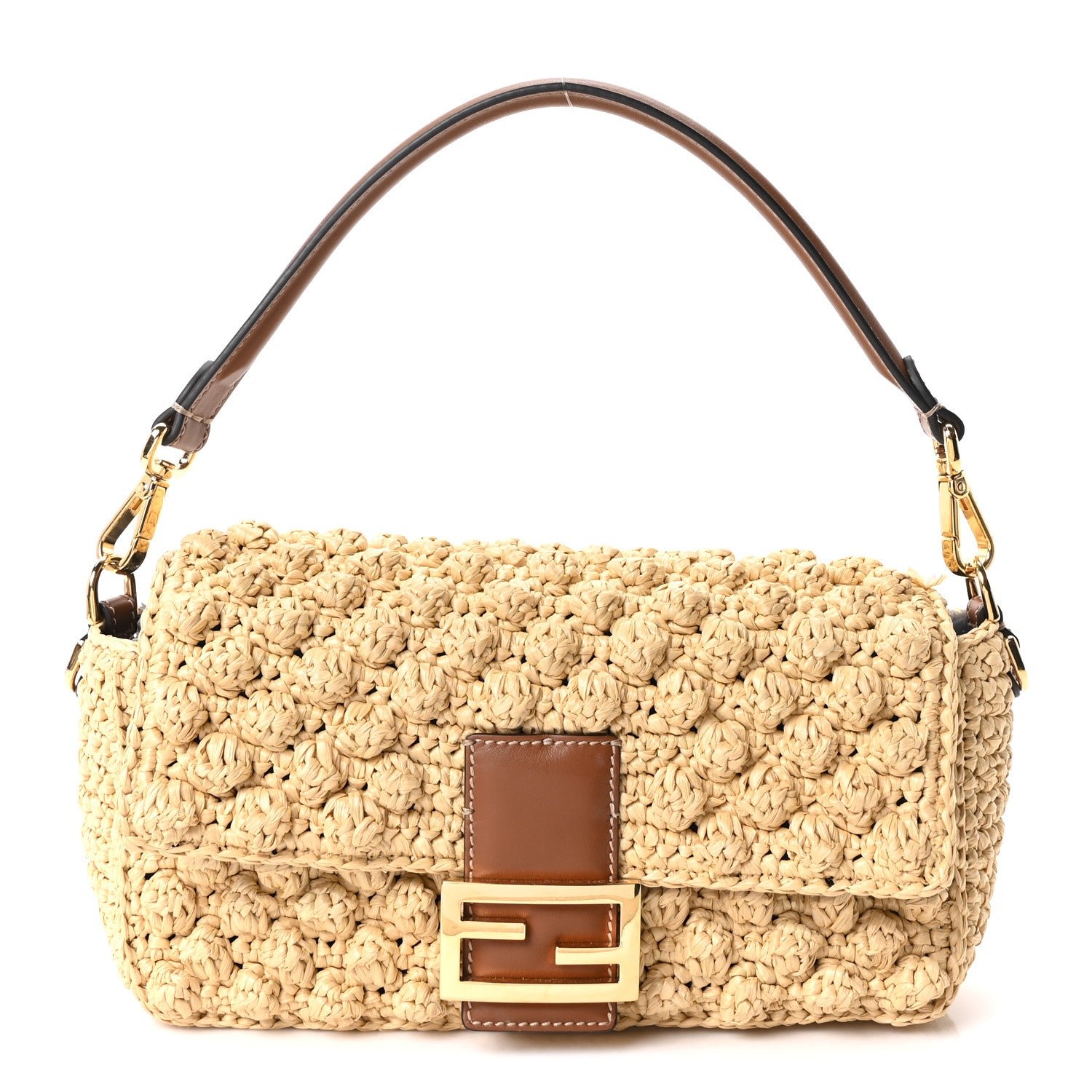 Fendi Hazelnut Stitch Raffia Baguette Beige