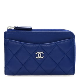 Chanel Lambskin Quilted Zip Card Holder Blue