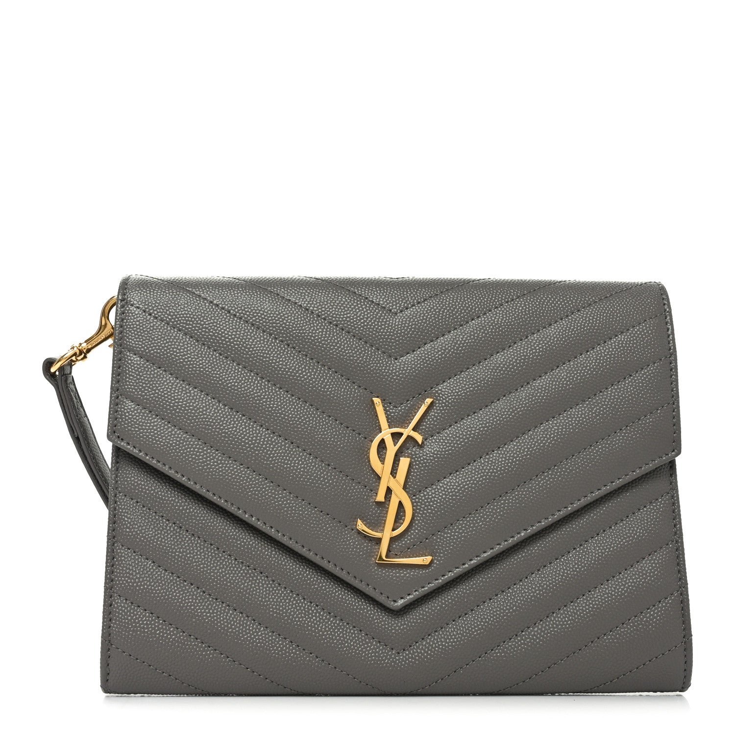 Saint Laurent Grain De Poudre Matelasse Chevron Monogram Envelope Clutch Fog