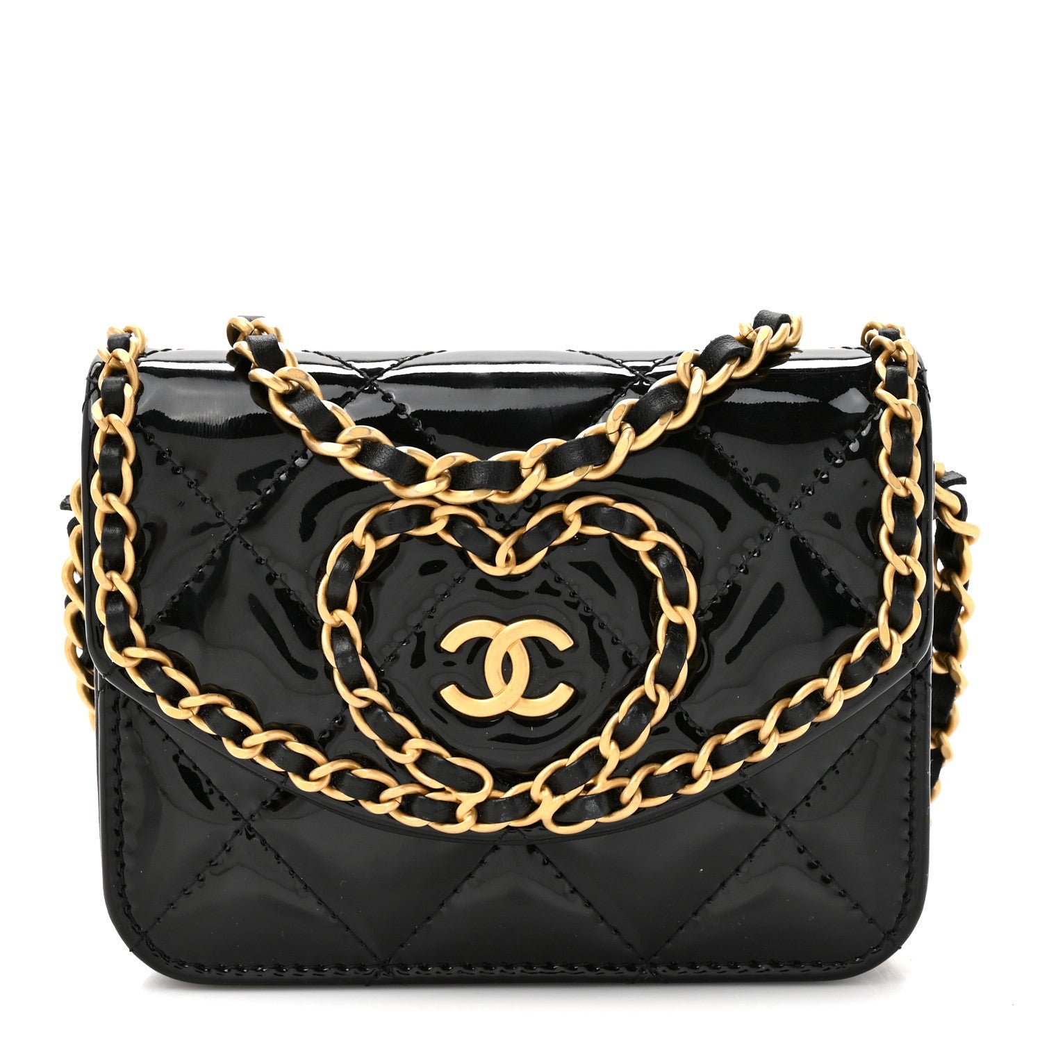 Chanel Patent Quilted Chain Around Heart Mini Chain Flap Black