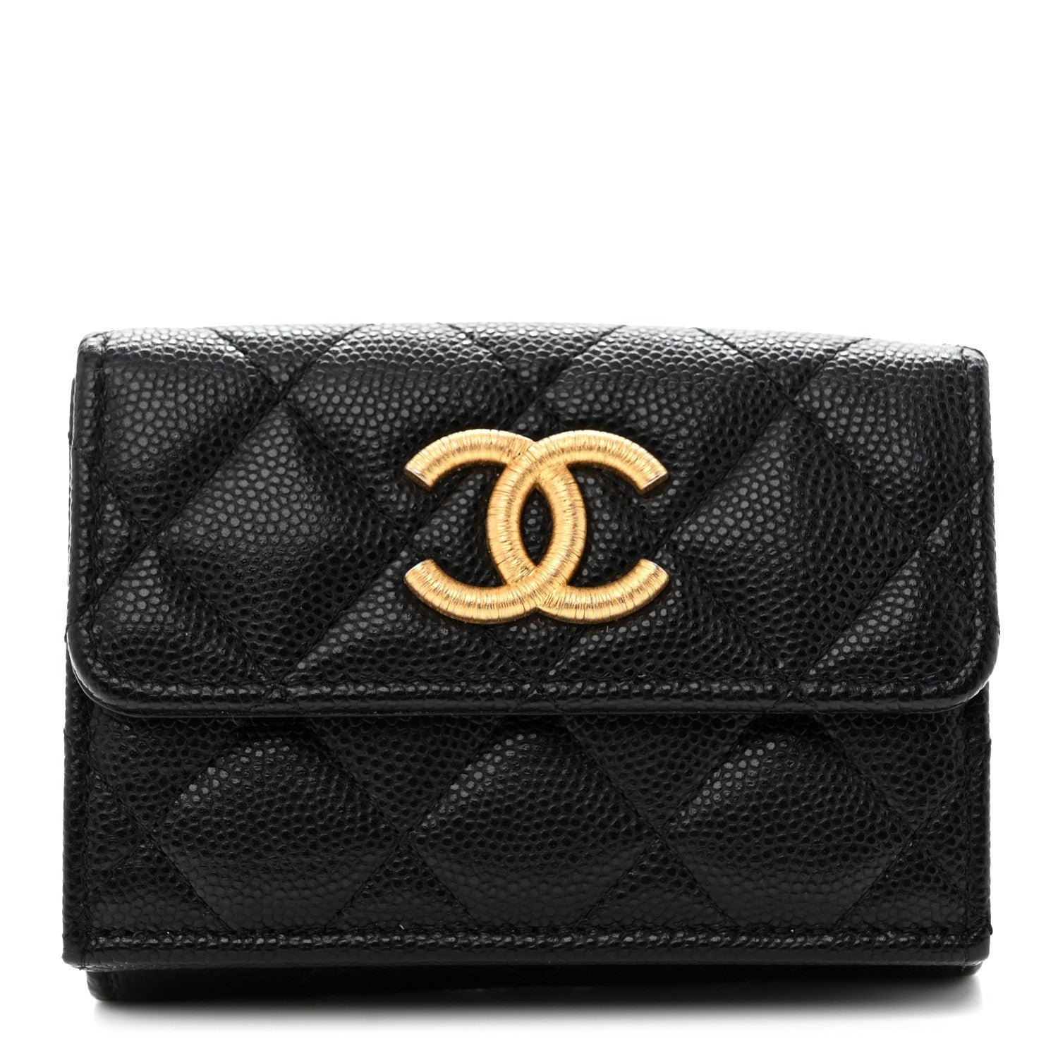 Chanel Caviar Quilted Textured CC Tri-Fold Flap Wallet Black