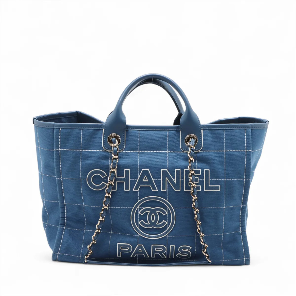 Chanel Deauville GM canvas x leather 2 Way Tote Bag Blue Gold Metal Fittings ran