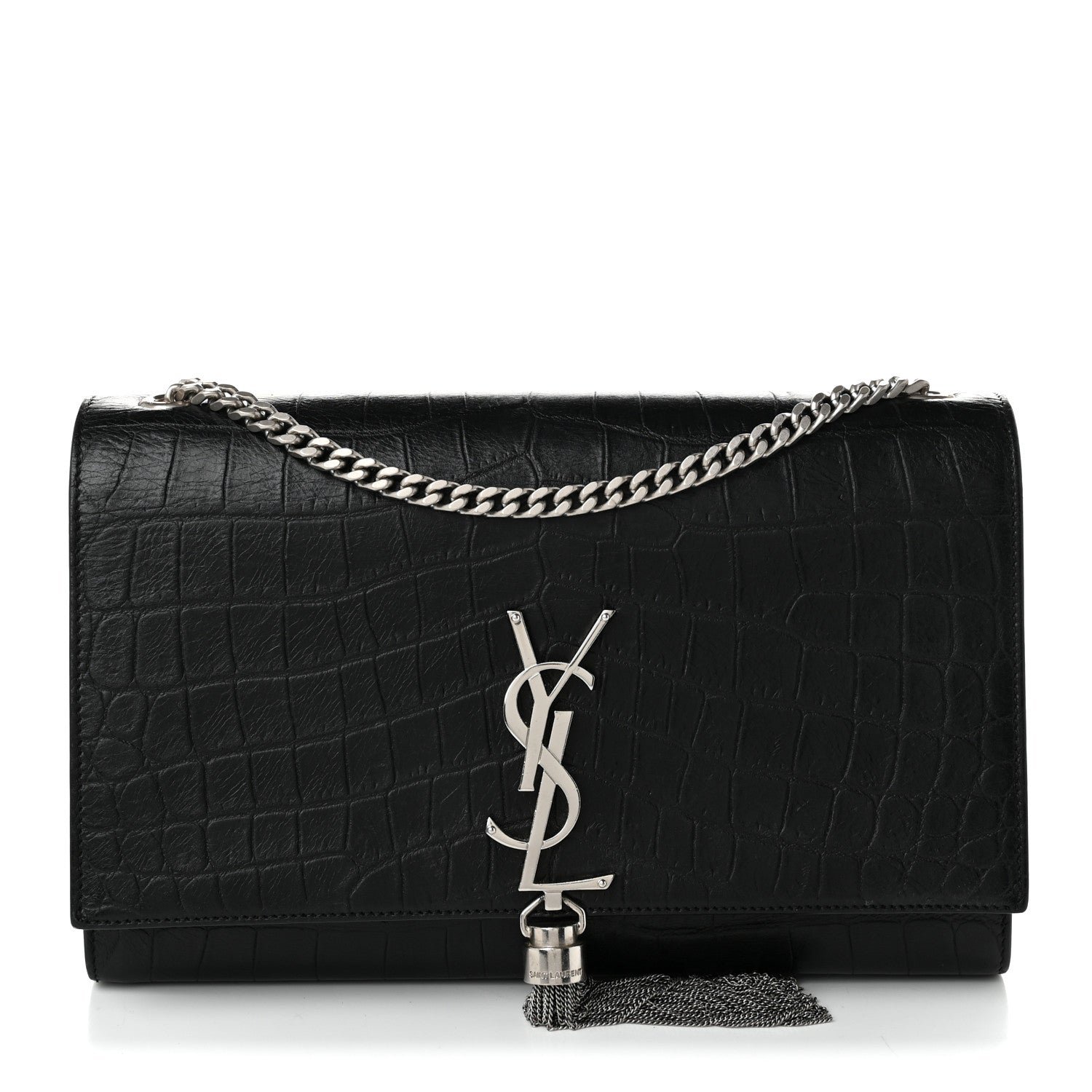 Saint Laurent Calfskin Crocodile Embossed Medium Classic Monogram Kate Tassel Satchel Black