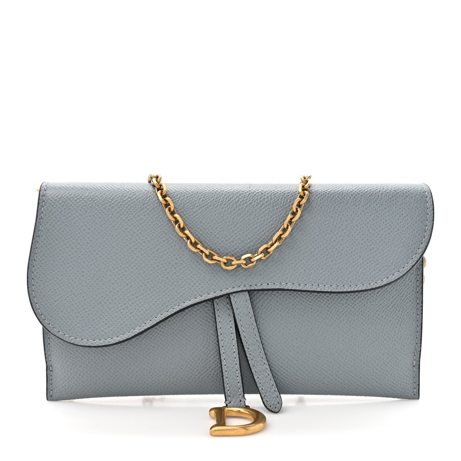 Christian Dior Grained Calfskin Saddle Chain Wallet Pouch Cloud Blue