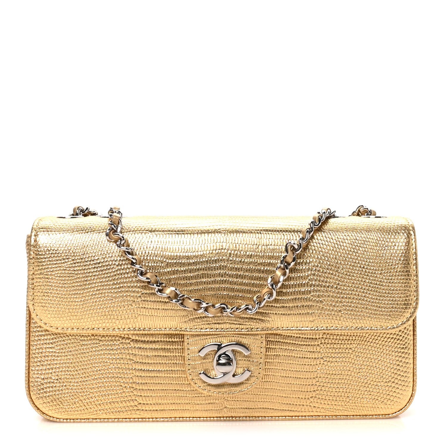 Chanel Metallic Calfskin Lizard Embossed Small East West Flap Gold