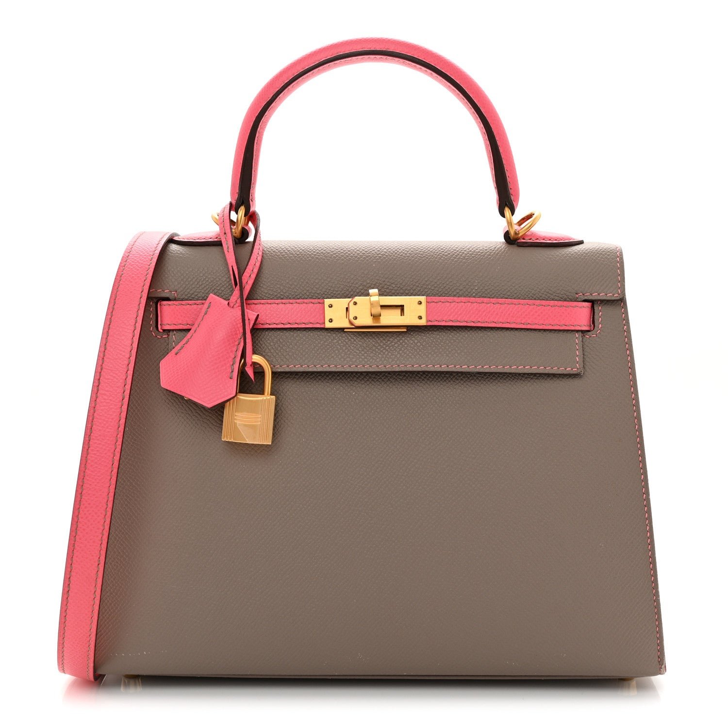 Hermes Epsom Bi-Color Horseshoe Kelly Sellier 25 Etoupe Rose Azalee
