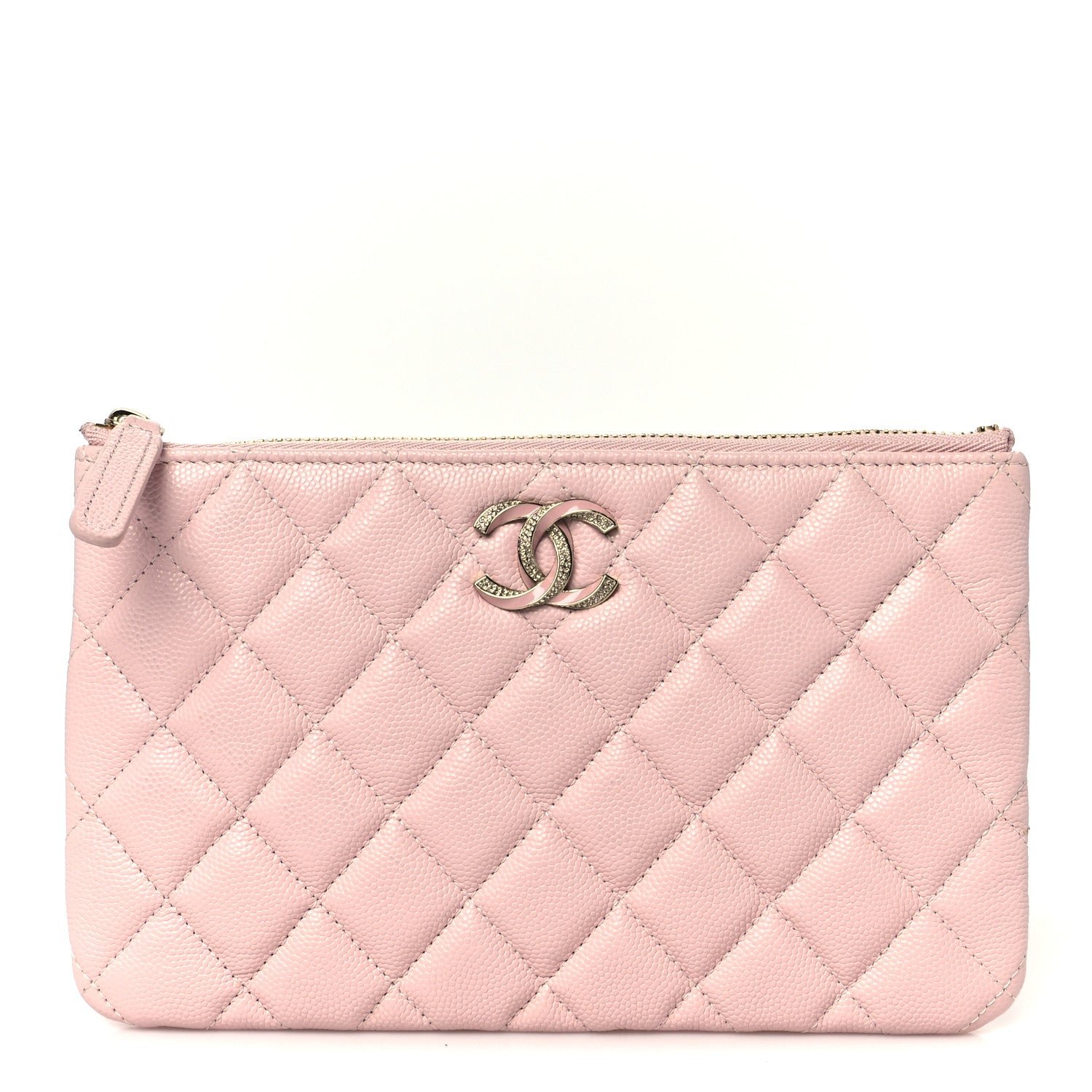 Caviar Quilted Crystal Enamel Cosmetic Case Light Pink