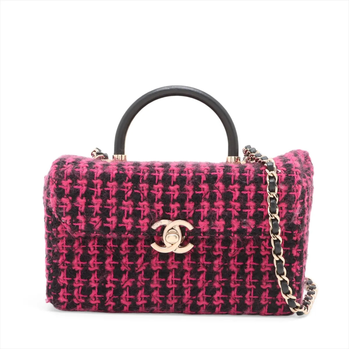 Chanel Matelasse Tweed x Leather 2 Way Handbag Vanity pink x black Gold Metal Fi