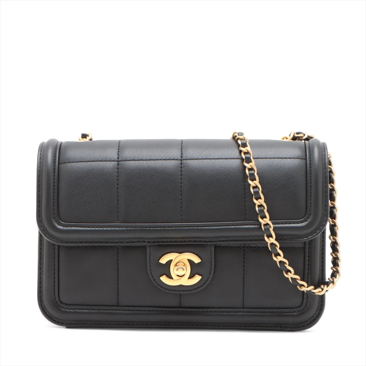 Chanel Chocolate Bar Lambskin Single Flap Single Chain Bag Black Gold Metal Fitt