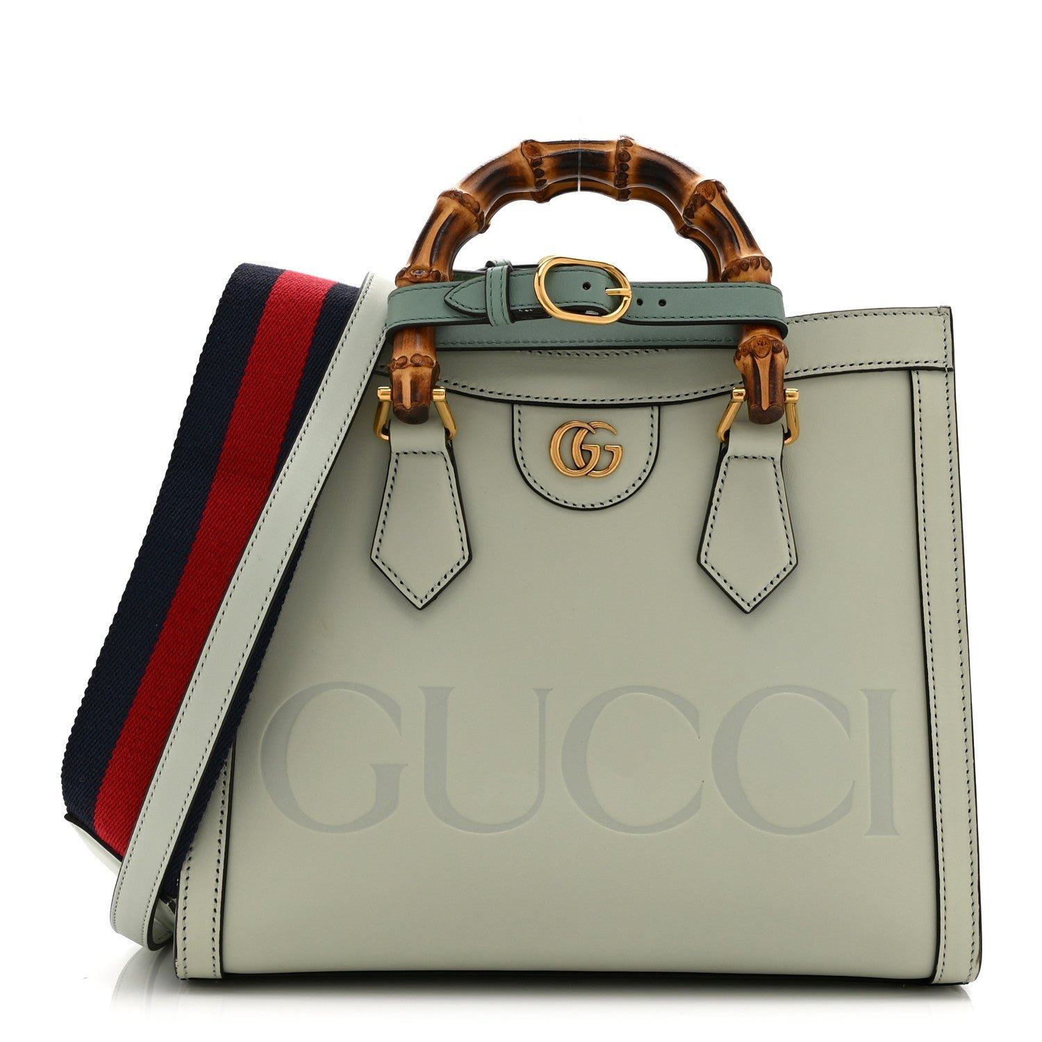Gucci Charisma Calfskin Gucci Embossed Web Diana Tote Bag Salvy Green