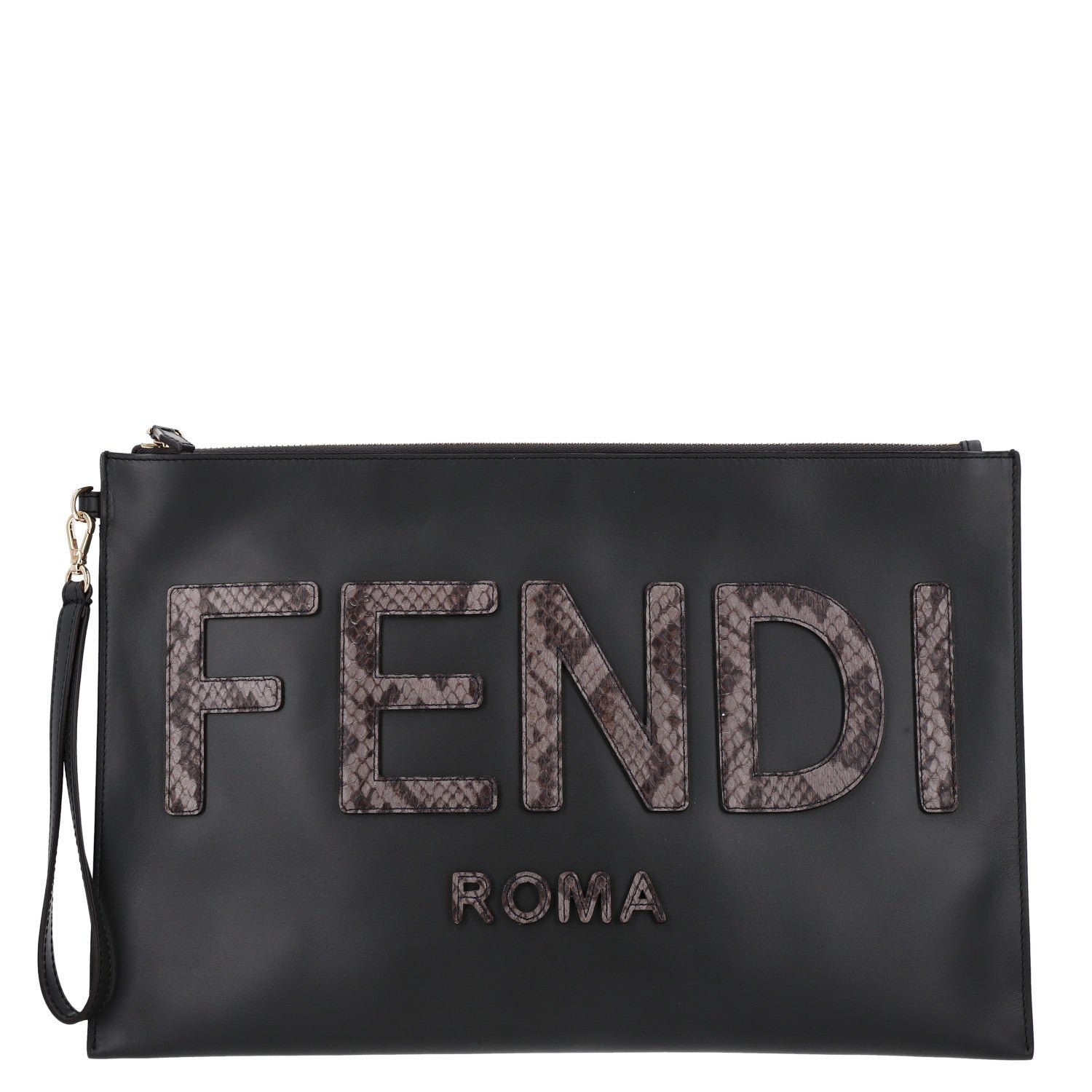 Fendi Vitello King Luxor Elaphe Snakeskin Print Logo Medium Flat Pouch Anthracite Asphalt