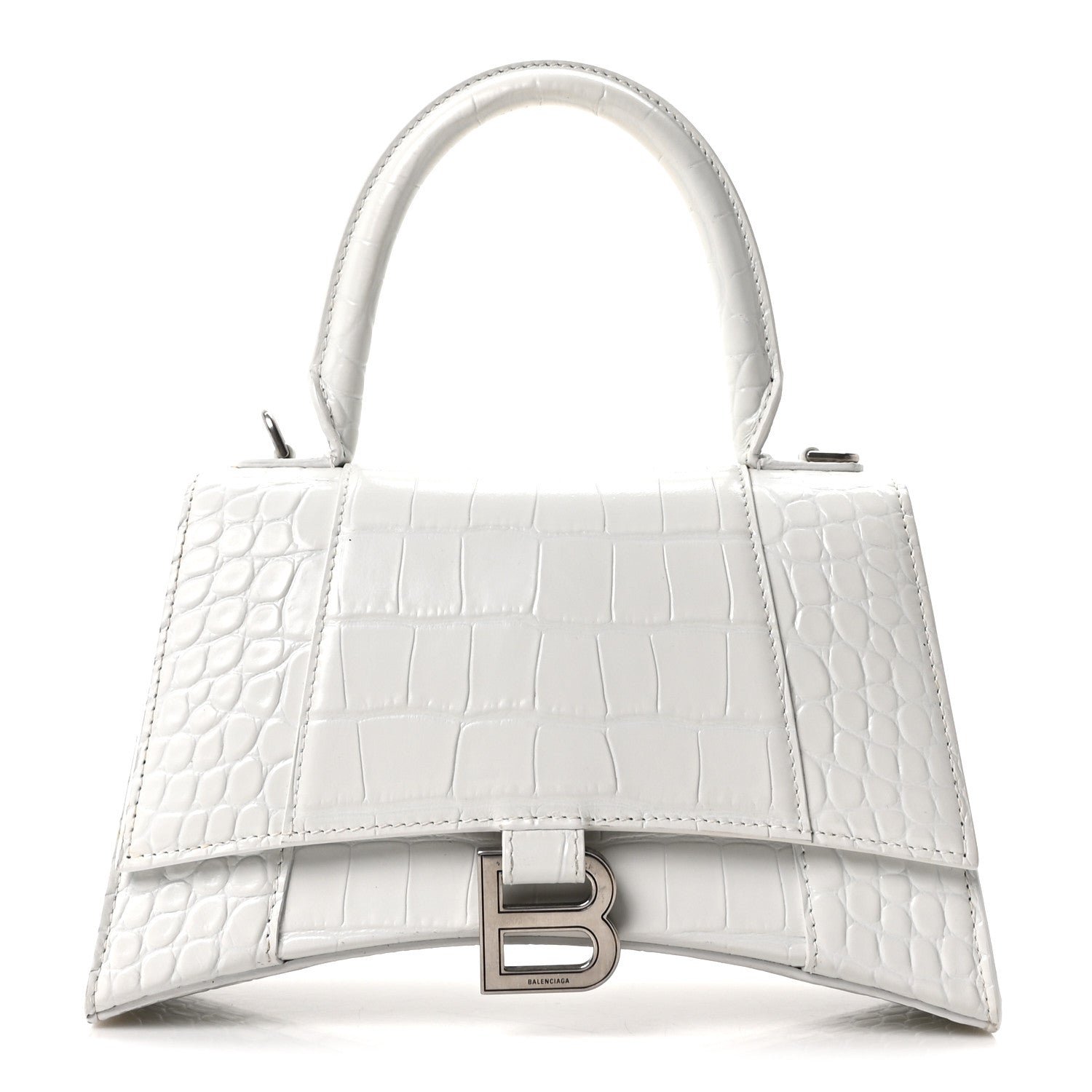 Balenciaga Shiny Calfskin Crocodile Embossed Small Hourglass Top Handle Bag White