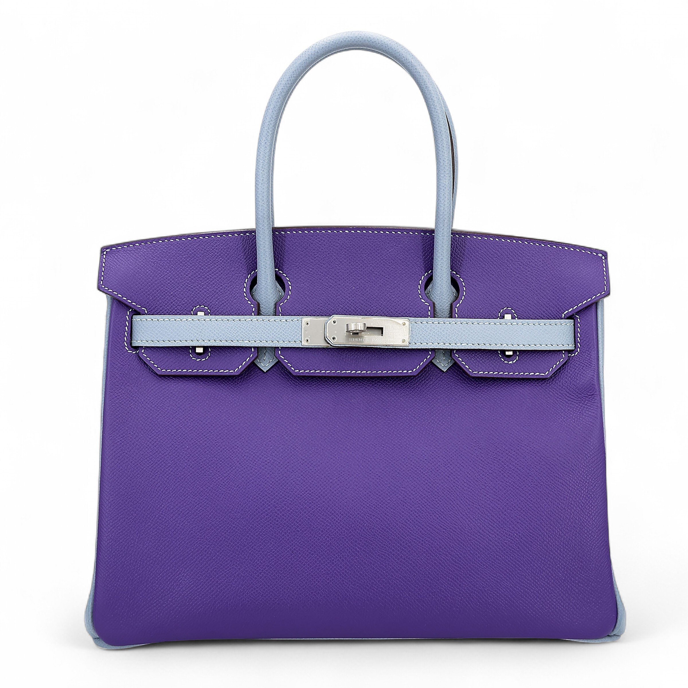 Hermes Excellent ( Rank SA ) HERMÈS Special Order Birkin 30 HSS Iris (9K) Gris Mouette (4Z) Epsom Brushed Palladium C (2018)