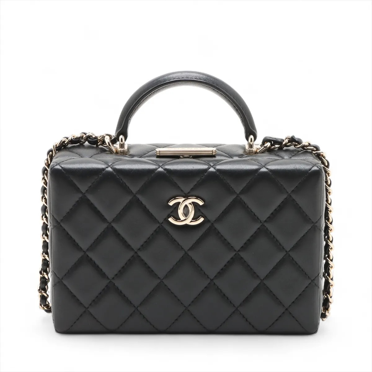 Chanel Matelasse Lambskin Chain Shoulder Bag Top Handle Black Gold Metal Fitting