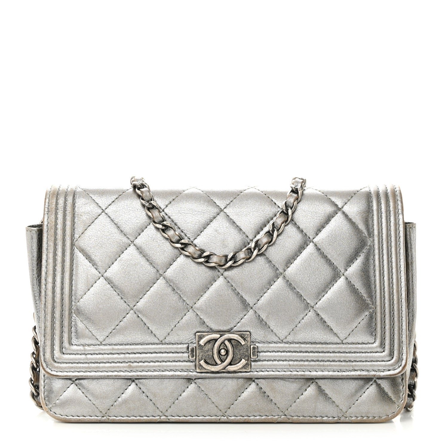 Chanel Metallic Calfskin Quilted Boy Wallet On Chain WOC Silver