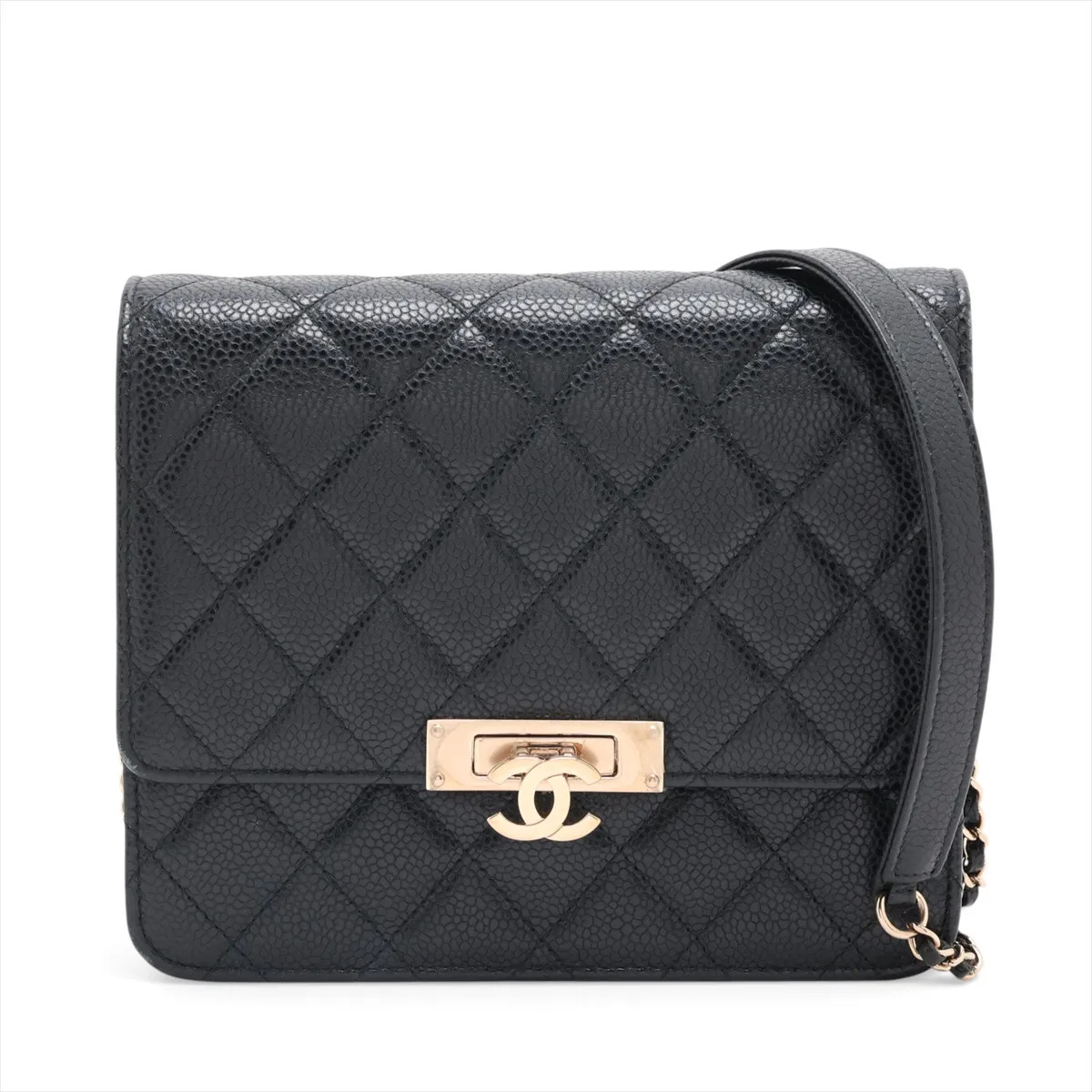 Chanel Matelasse Caviar Skin Chain Wallet Coco Rock Black Gold Metal Fittings 25