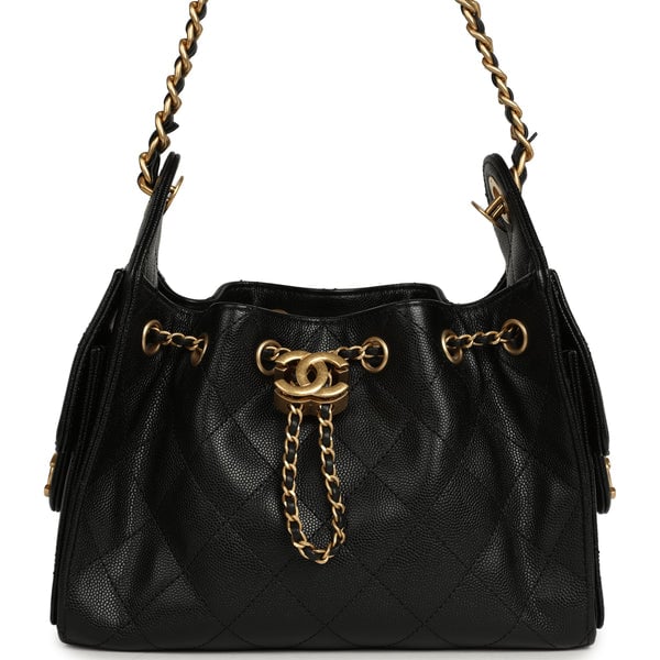 Pre-owned Chanel Mini 25 Hobo Bag Black Caviar Antique Gold Hardware