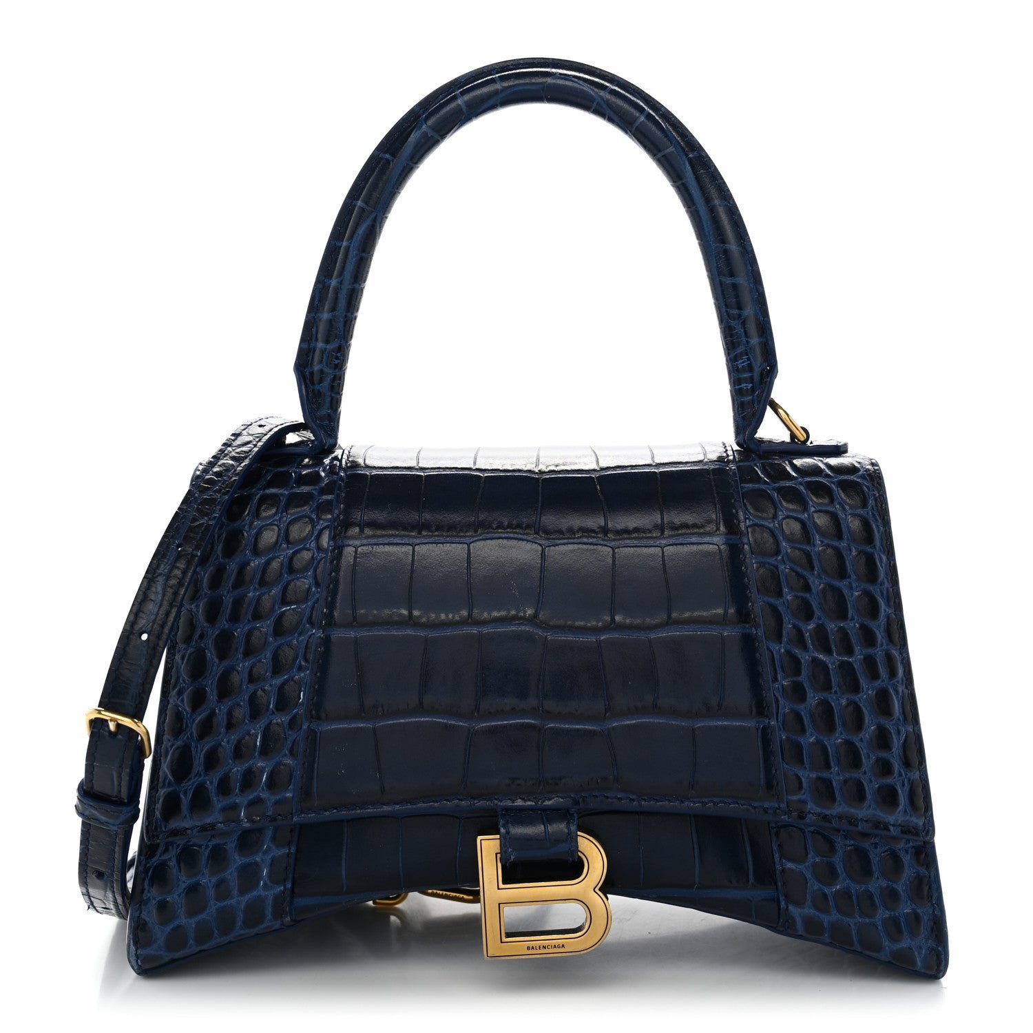 Balenciaga Shiny Calfskin Crocodile Embossed Small Hourglass Top Handle Bag Navy