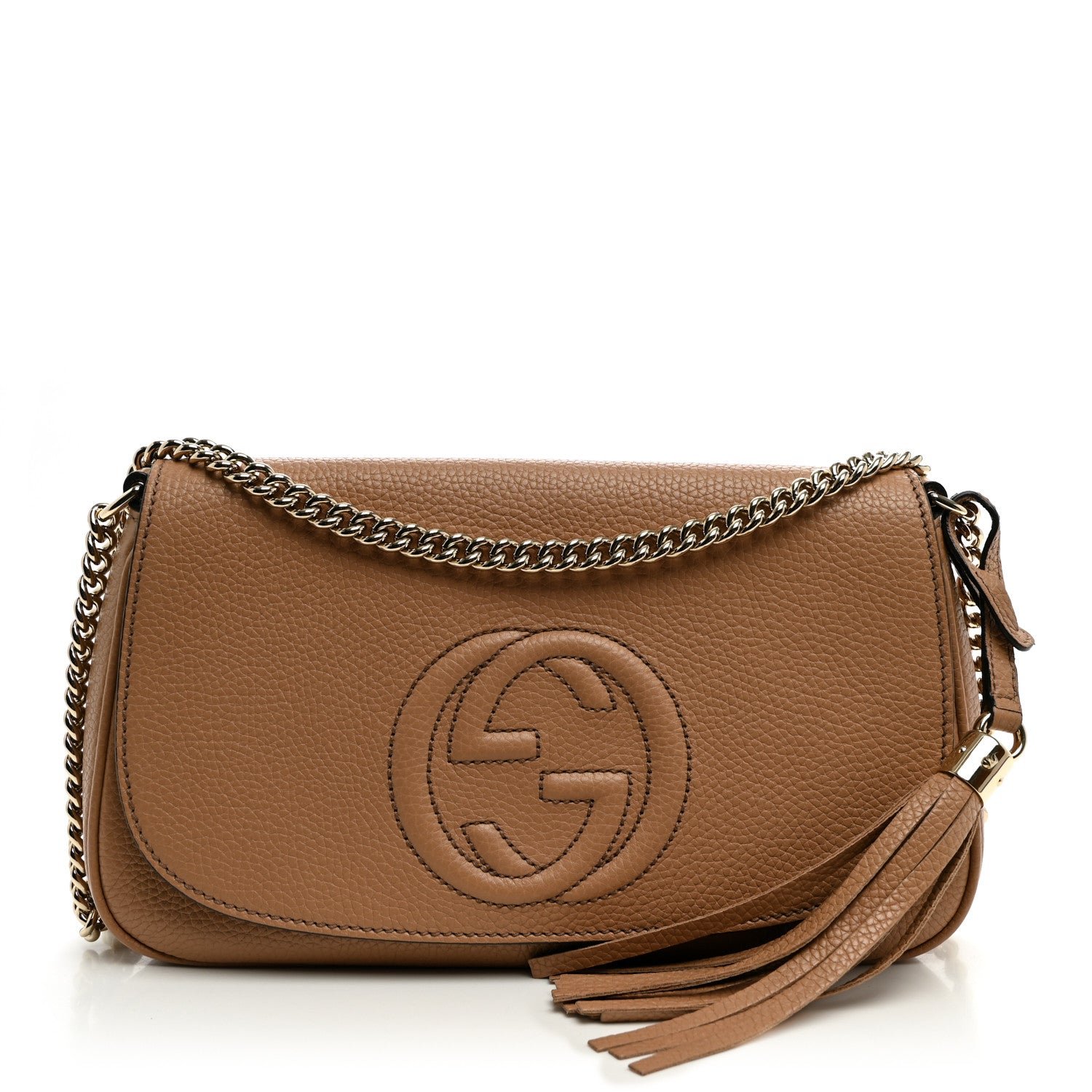 Gucci Pebbled Calfskin Medium Soho Flap Crossbody Camelia
