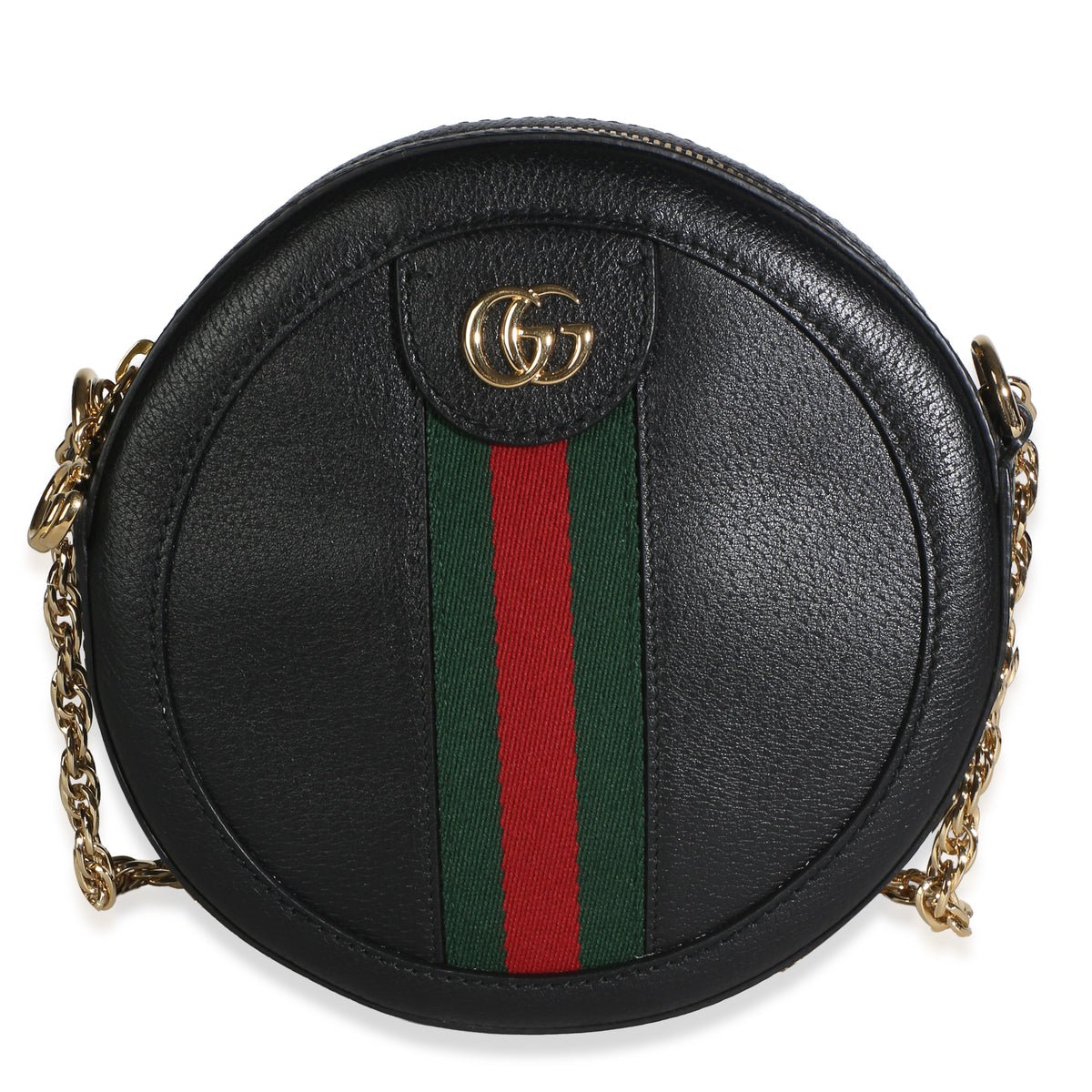 Black Textured Calfskin Web Mini Ophidia Round Bag