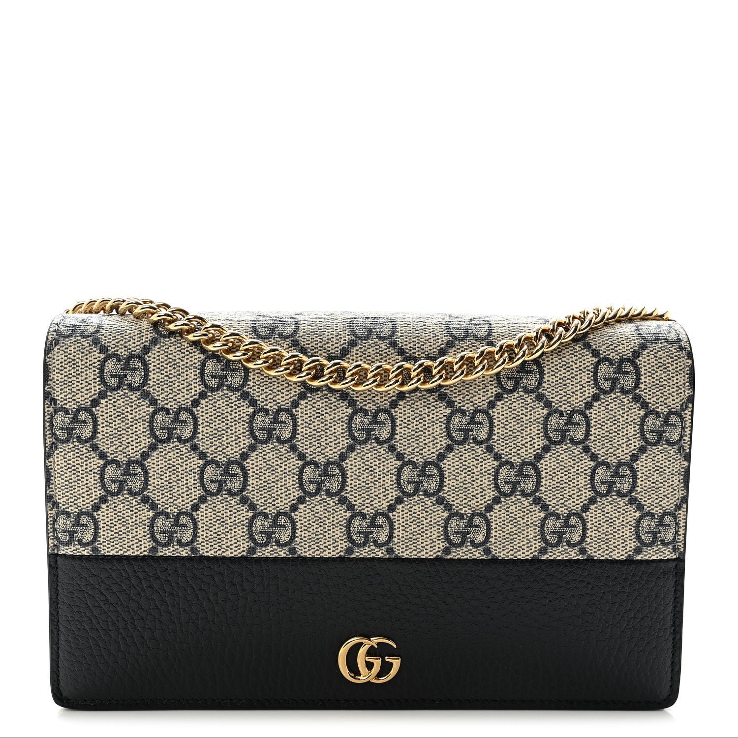 Gucci GG Supreme Monogram Textured Dollar Calfskin Mini GG Marmont Chain Wallet Beige Blue