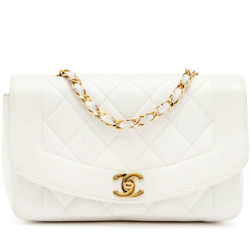 Vintage White Quilted Caviar Small Diana Flap Bag Gold Hardware, 1991-1994