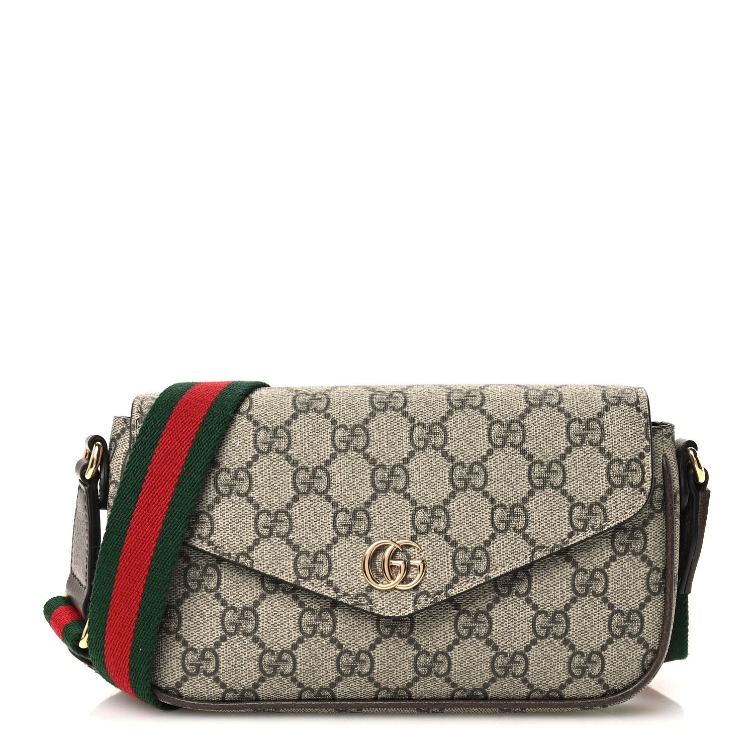 Gucci GG Supreme Monogram Textured Dollar Calfskin Web Mini Ophidia Envelope Shoulder Bag Beige Ebony
