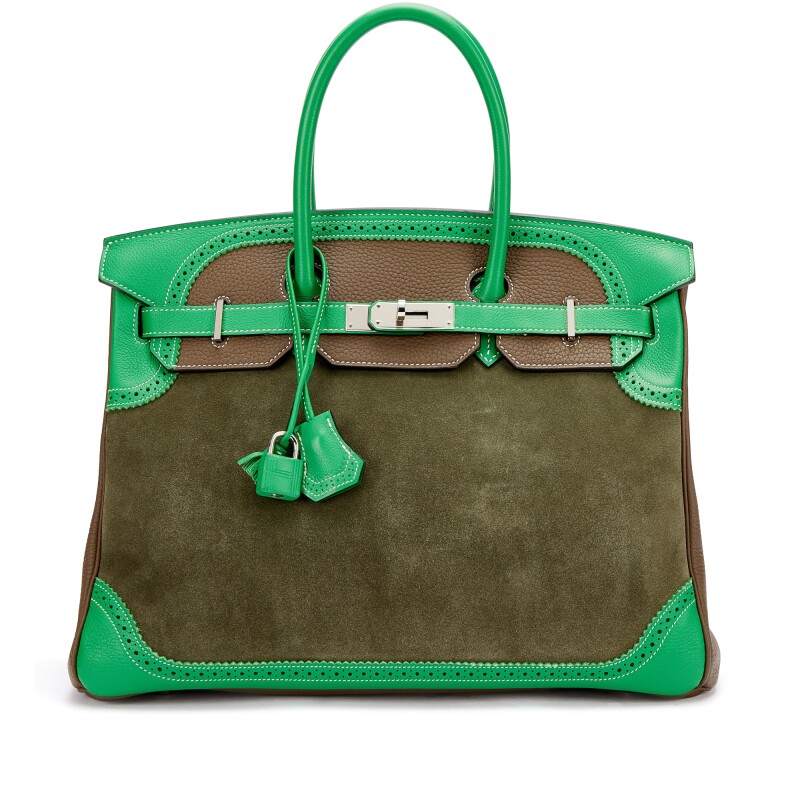 Hermes Vert de Gris, Bambou and Etoupe Veau Doblis, Clemence and Evercolor Grizzly Ghillies Birkin 35 Palladium Hardware, 2015