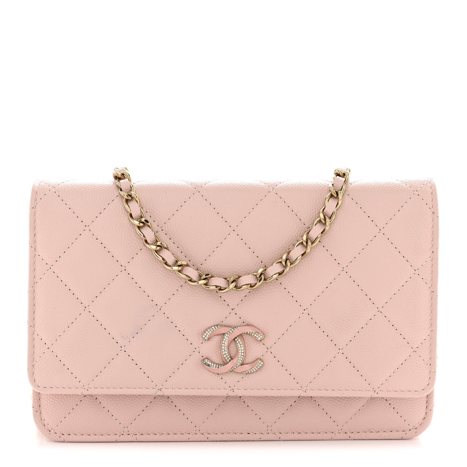 Chanel Caviar Quilted Crystal Enamel CC Wallet On Chain WOC Light Pink