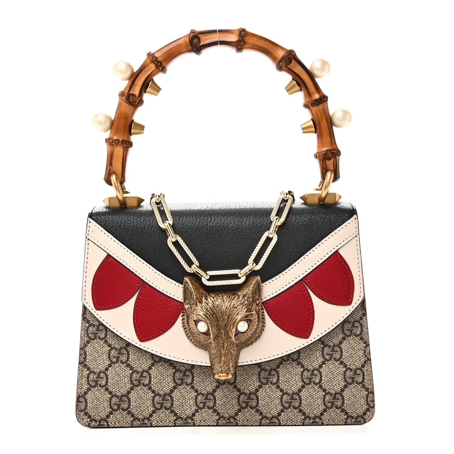 Gucci GG Supreme Monogram Goatskin Pearl Mini Fox Broche Bamboo Top Handle Bag Beige Ebony Black Hibiscus Red Mystic White