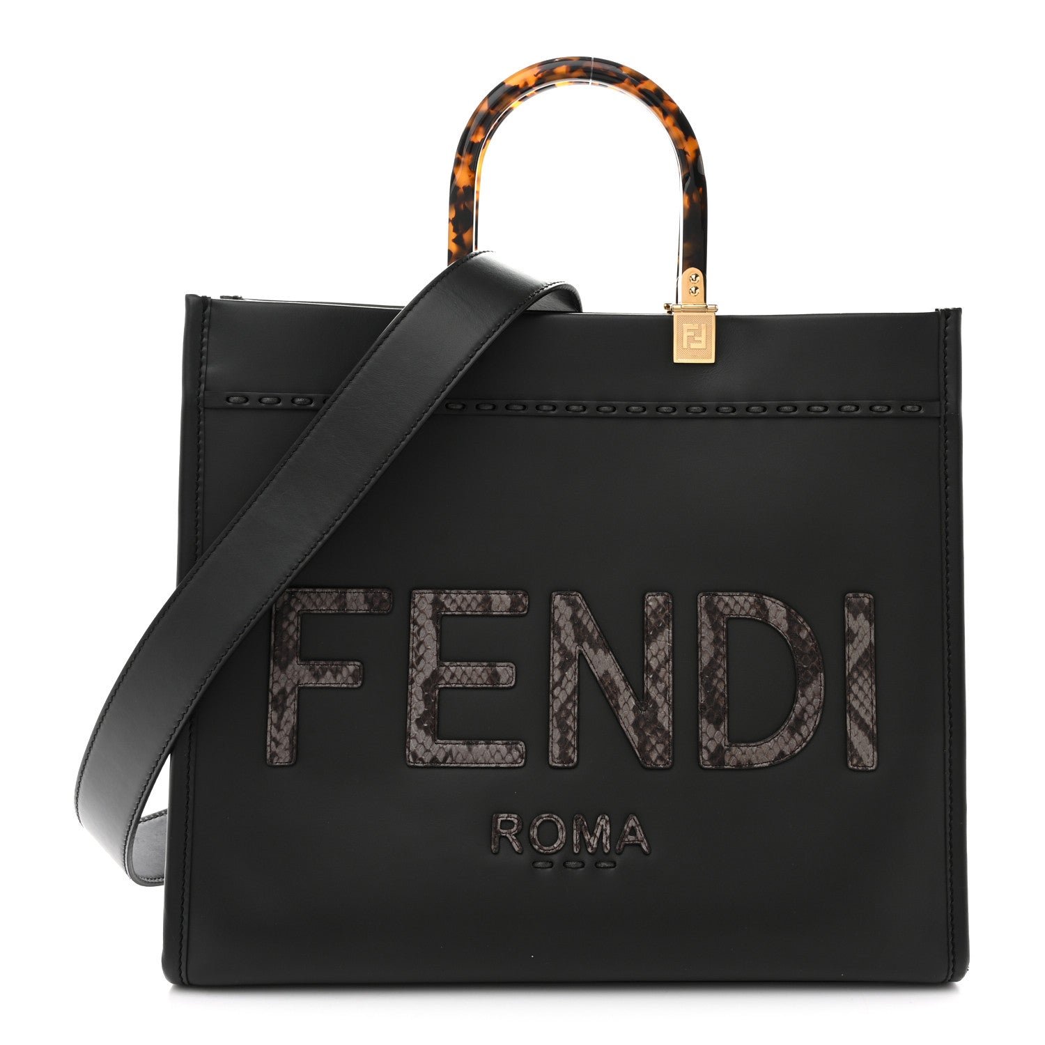 Fendi Vitello King Plexiglass Elaphe Python Print Logo Medium Fendi Sunshine Shopper Tote Dark Asphalt