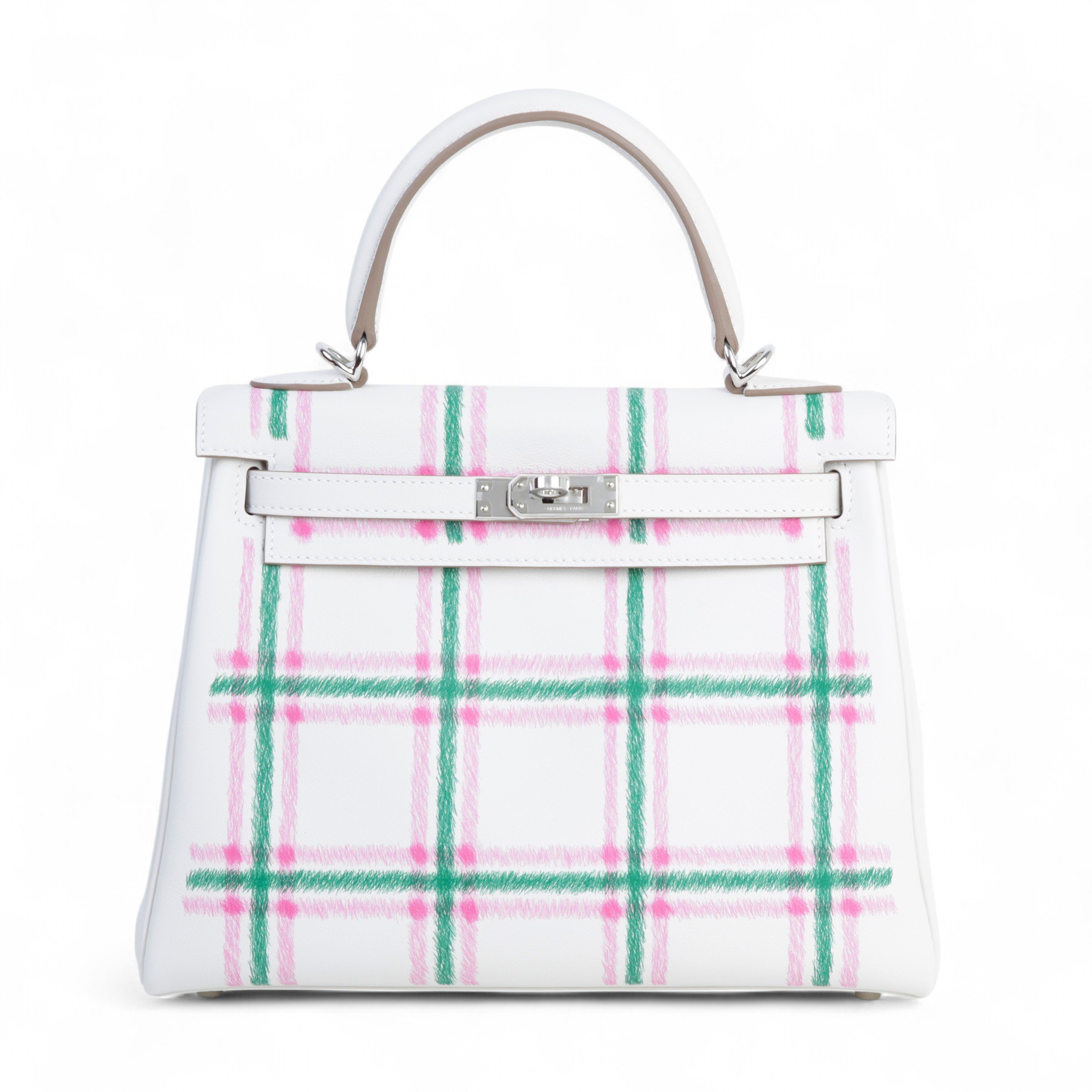 Brand New ( Rank N ) HERMÈS Kelly 25 Tartan Gris Pale (M4) Rose Bubblegum (L4) Vert Moyen (65) Swift Palladium hardware K (2025)