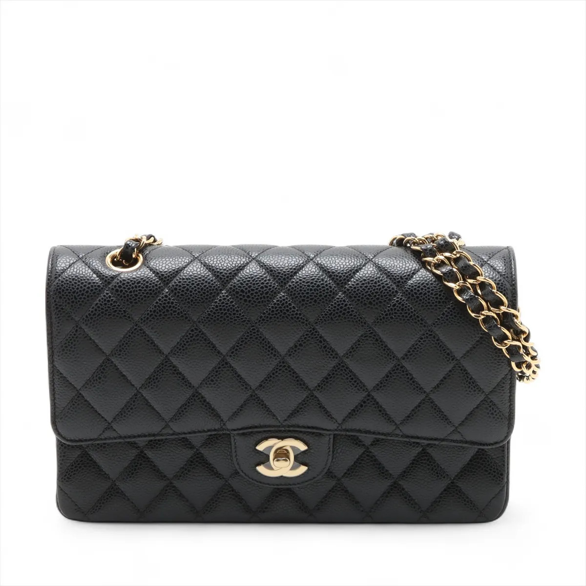 Chanel Matelasse 25 Caviar Skin Double Flap Double Chain Bag Black Gold Metal Fi