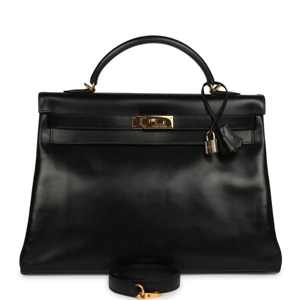 Vintage Hermes Kelly Retourne 40 Black Box Gold Hardware