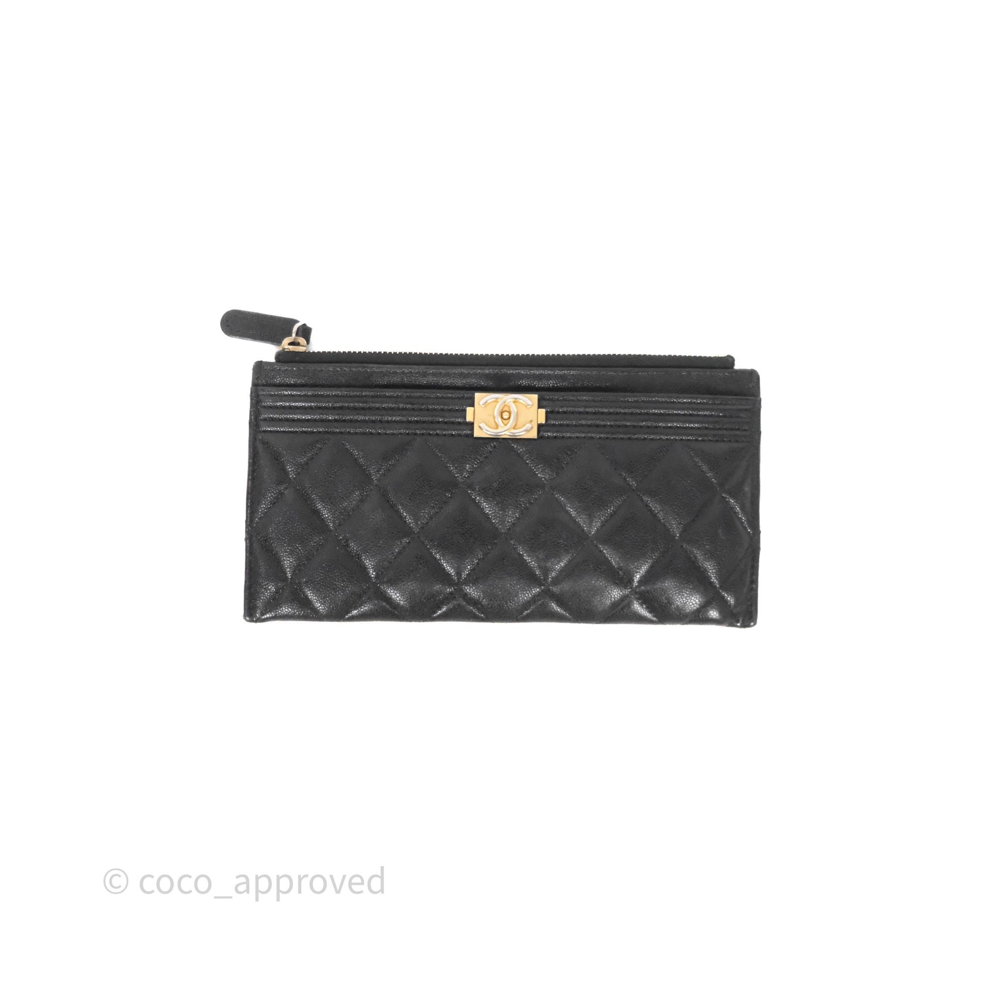 Chanel Boy Zip Long Wallet Black Caviar Gold Hardware