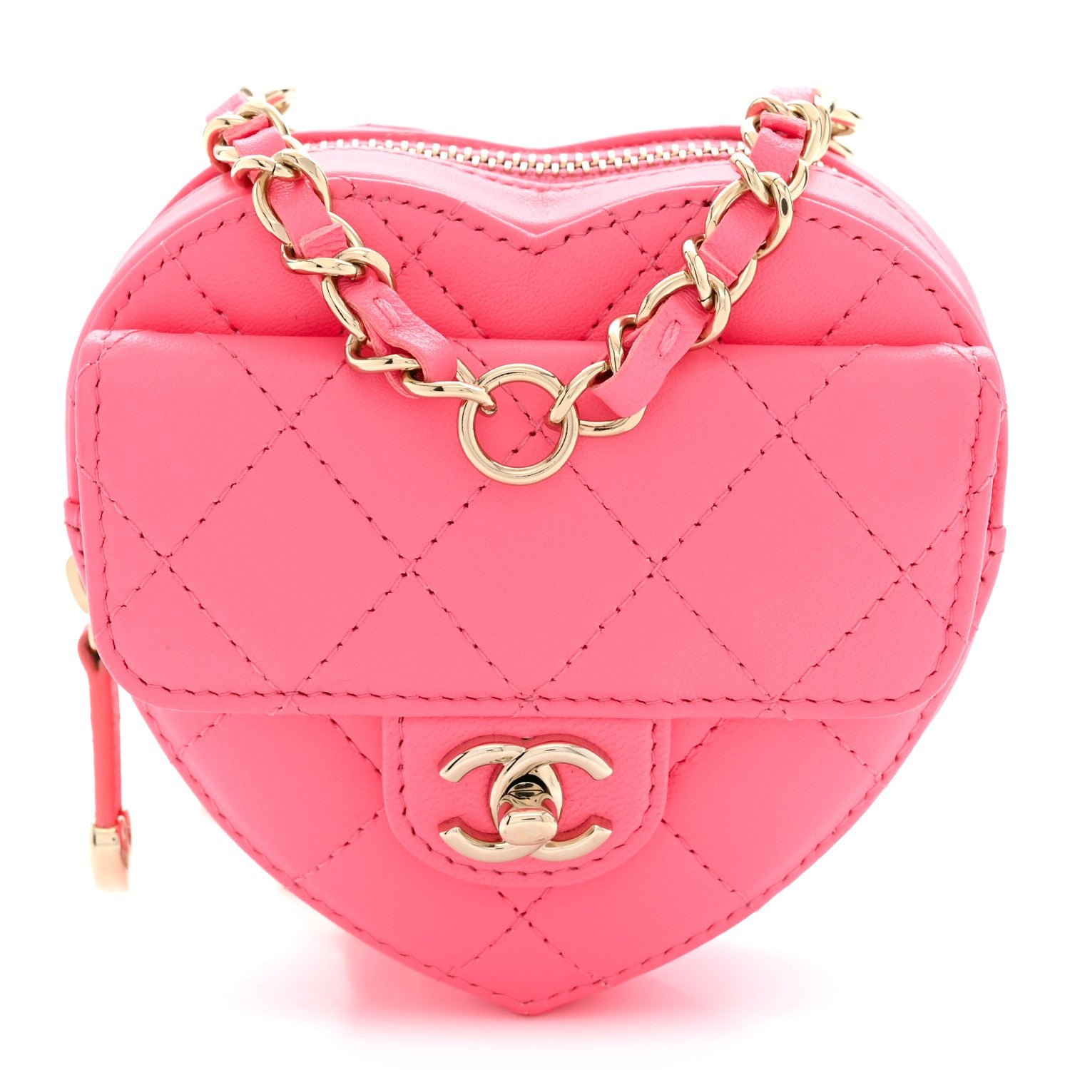 Chanel Lambskin Quilted CC In Love Heart Waist Belt Bag With Chain Pink