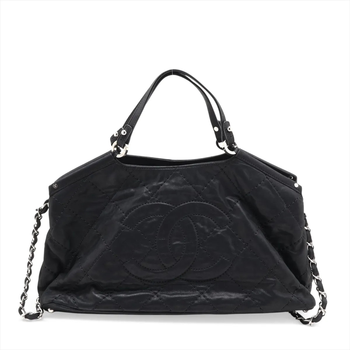Chanel Matelasse Coating leather 2 Way Handbag Black Silver Metal Fittings 17XXX