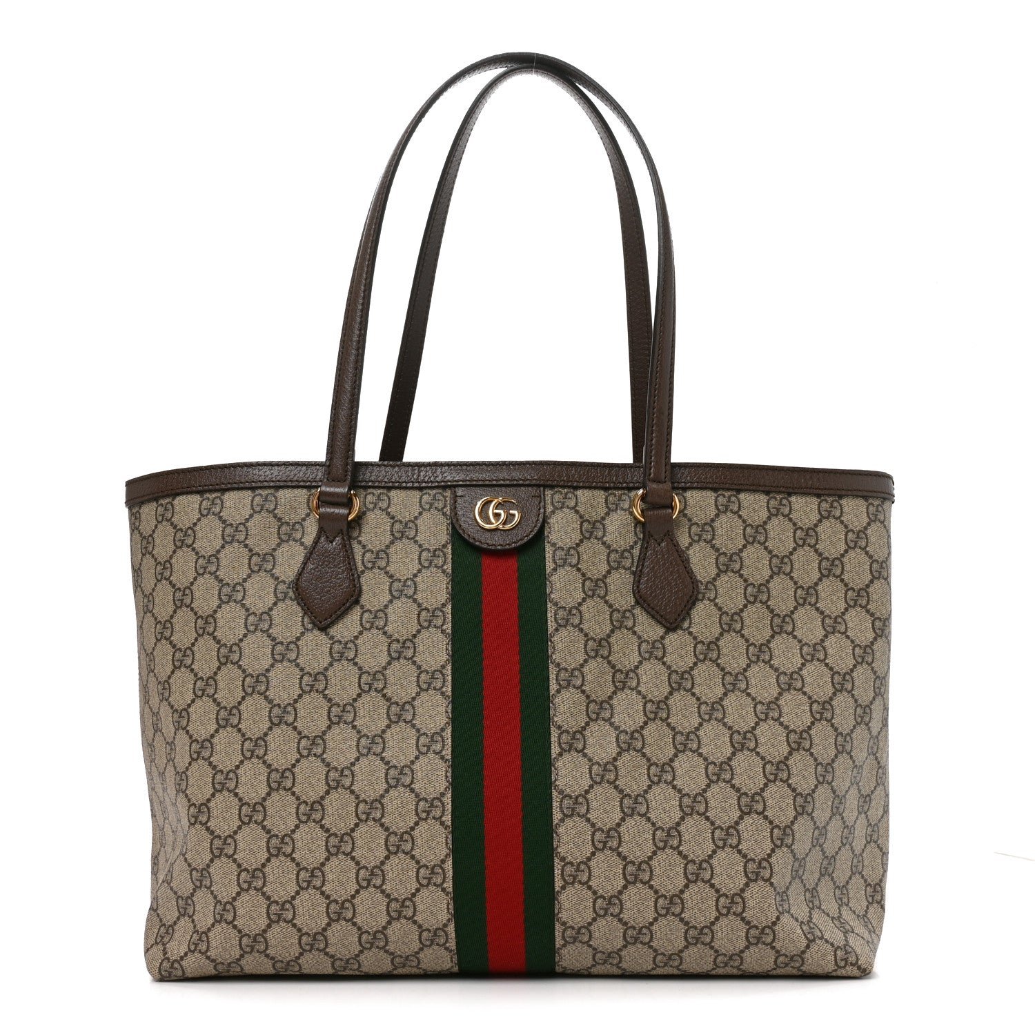 Gucci Supreme Monogram Textured Calfskin Web Medium Ophidia Shopping Tote Beige Ebony New Acero