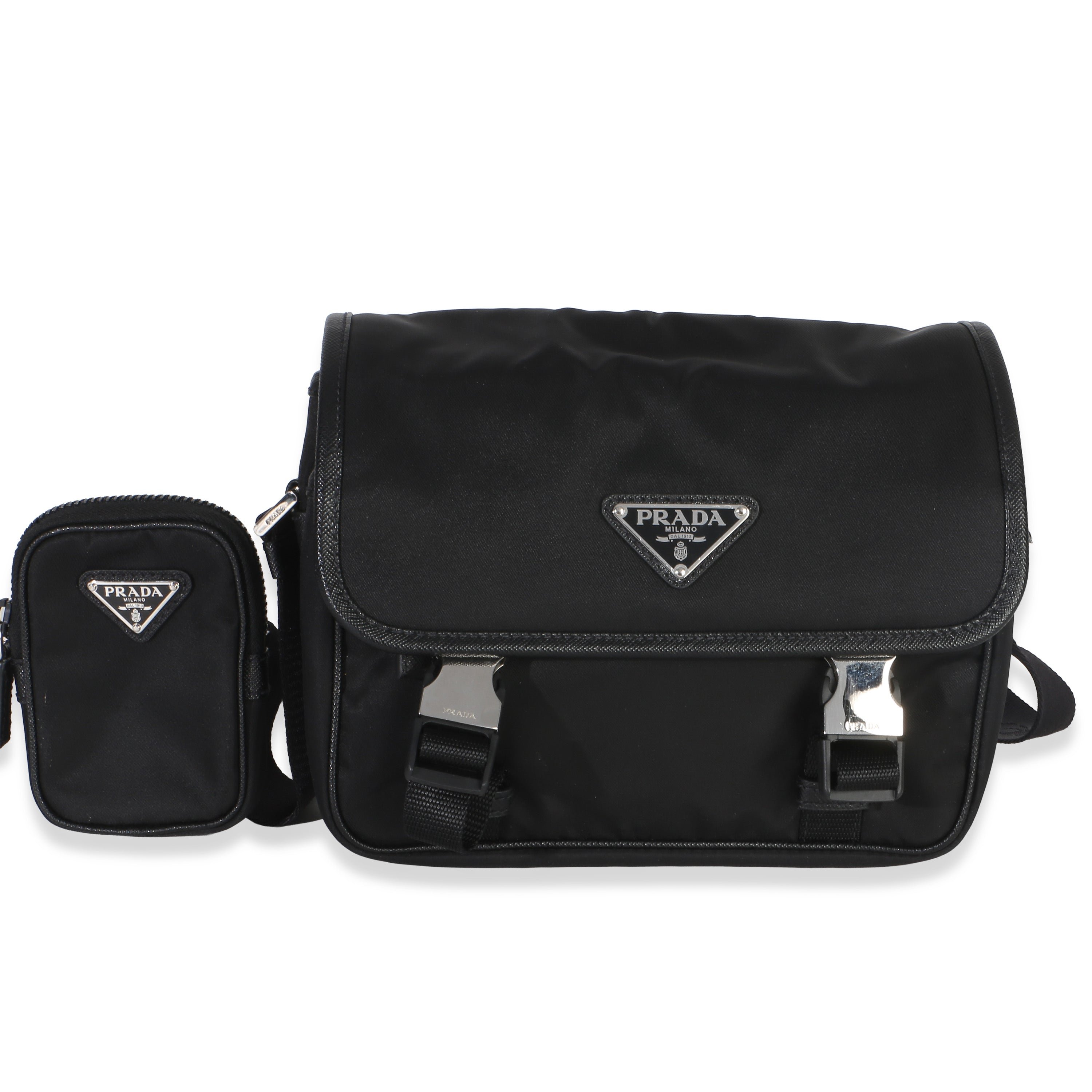 Black Re-Nylon Saffiano Double Buckle Messenger Bag