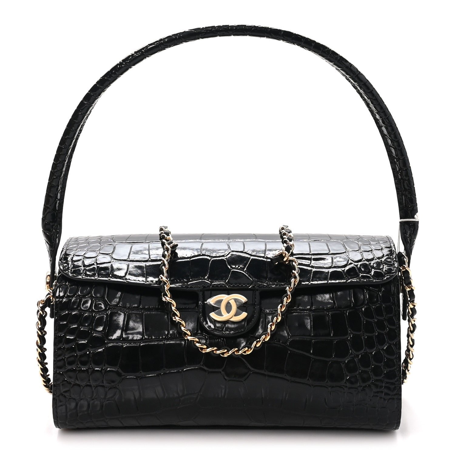 Chanel Calfskin Crocodile Embossed Turn Around Clutch With Chain Black