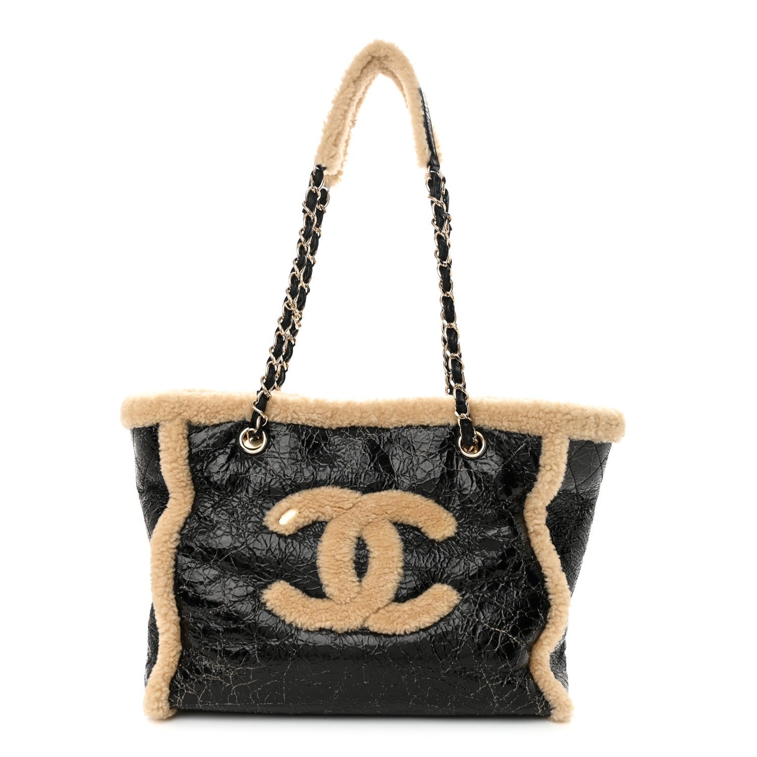 Chanel Shiny Crumpled Sheepskin Shearling CC Mania Tote Bag Black Beige