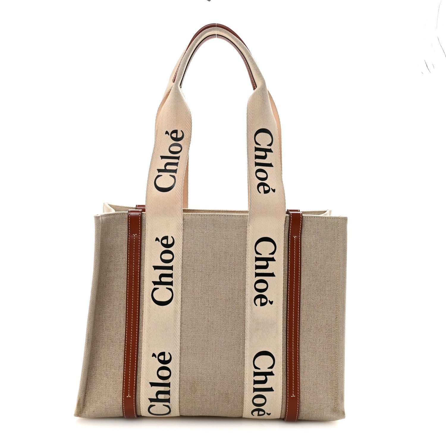 Chloe Chloe Cotton Calfskin Medium Woody Ribbon Tote White Brown