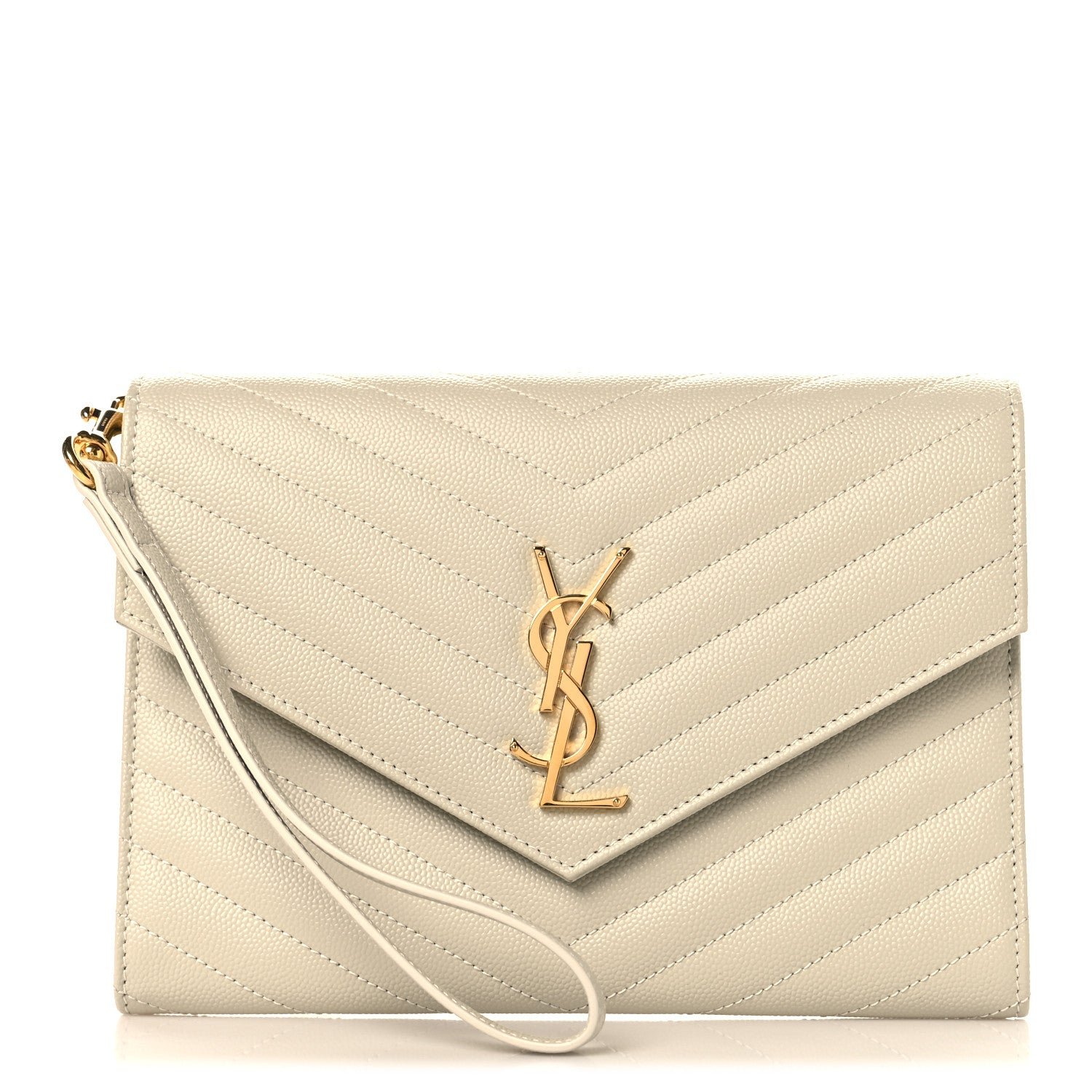 Saint Laurent Grain De Poudre Matelasse Chevron Cassandre Envelope Chain Wallet Crema Soft