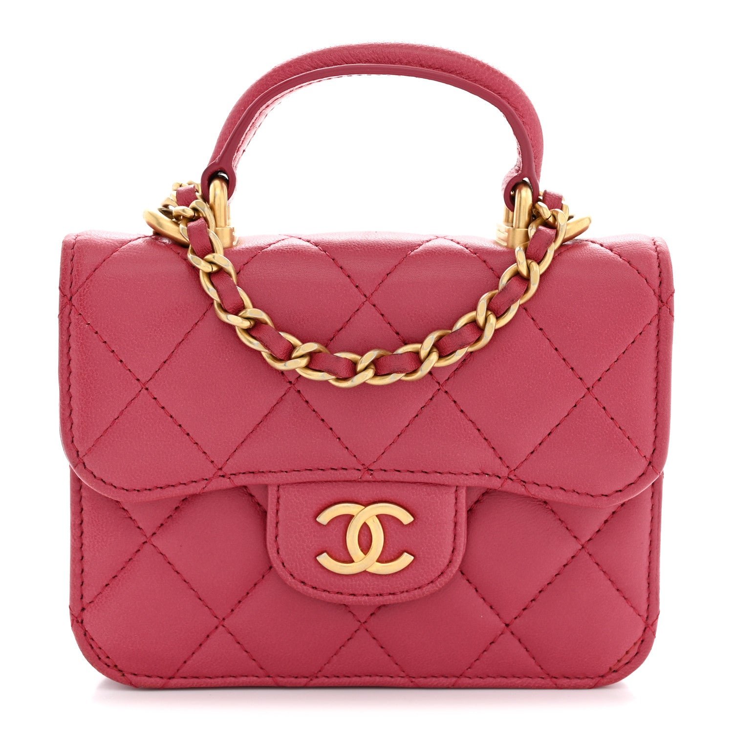 Chanel Lambskin Quilted Top Handle Flap Coin Purse With Chain Dark Pink