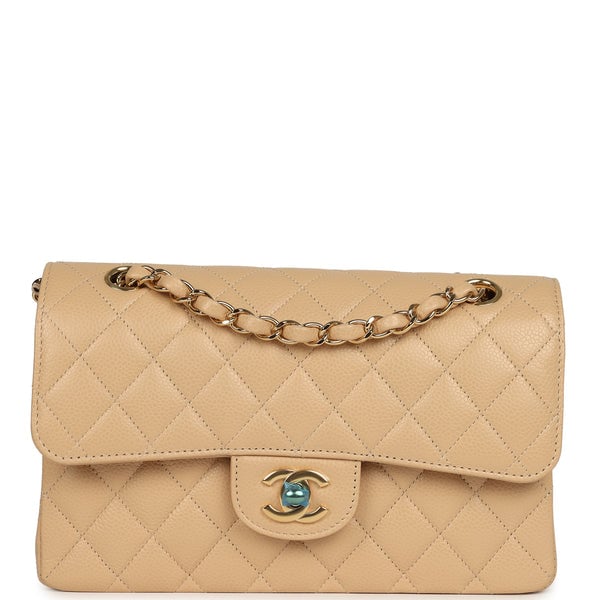 Chanel Small Classic Double Flap Bag Beige Caviar Light Gold Hardware