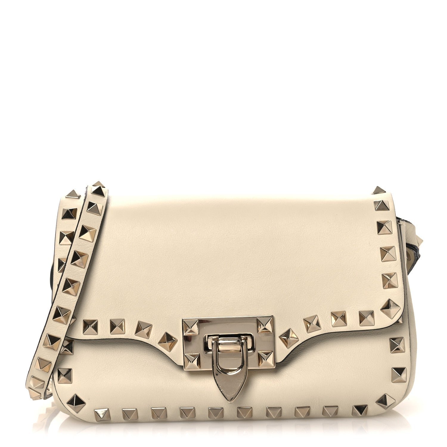 Valentino Garavani Vitello Small Rockstud Flip Lock Crossbody Bag Light Ivory